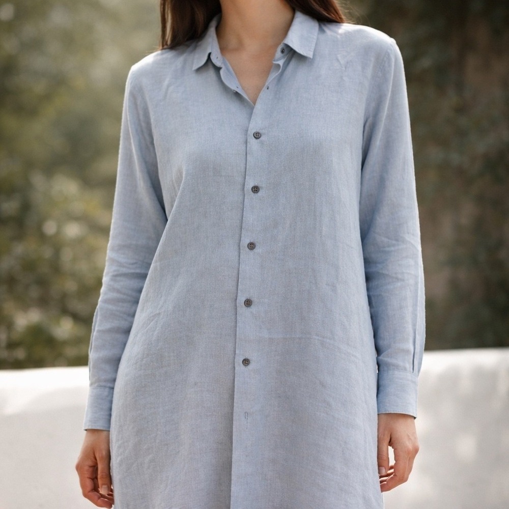 Eskandar‎ Womens Linen Longline Tunic Top Grandad Collar Blue Size 0